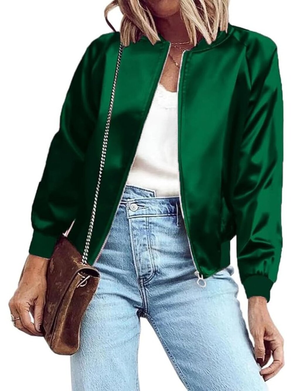 Women's Green 100% Polyester Shiny Zip Up Casual Striped Satin Bomber Jacket